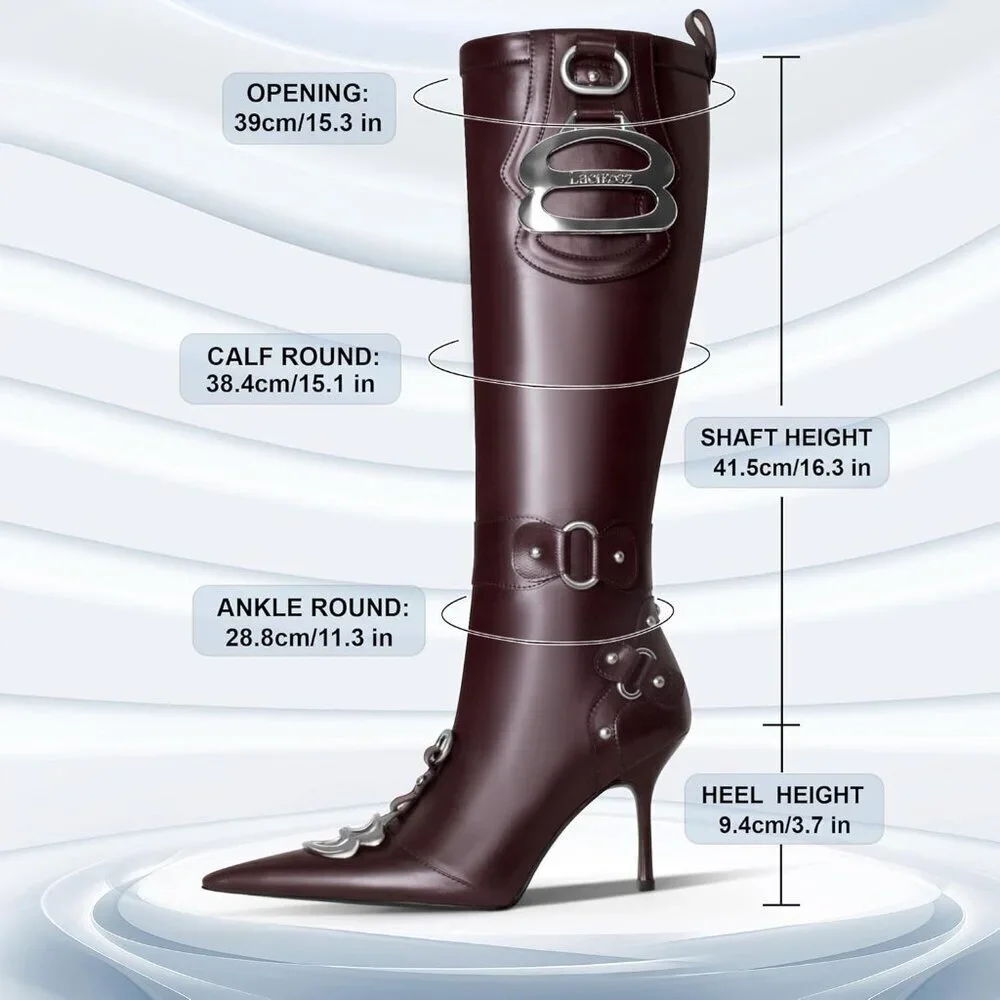 Women's Burgundy Pointed Toe Slim Calf Sexy Stiletto High Heel Long Tall Boots